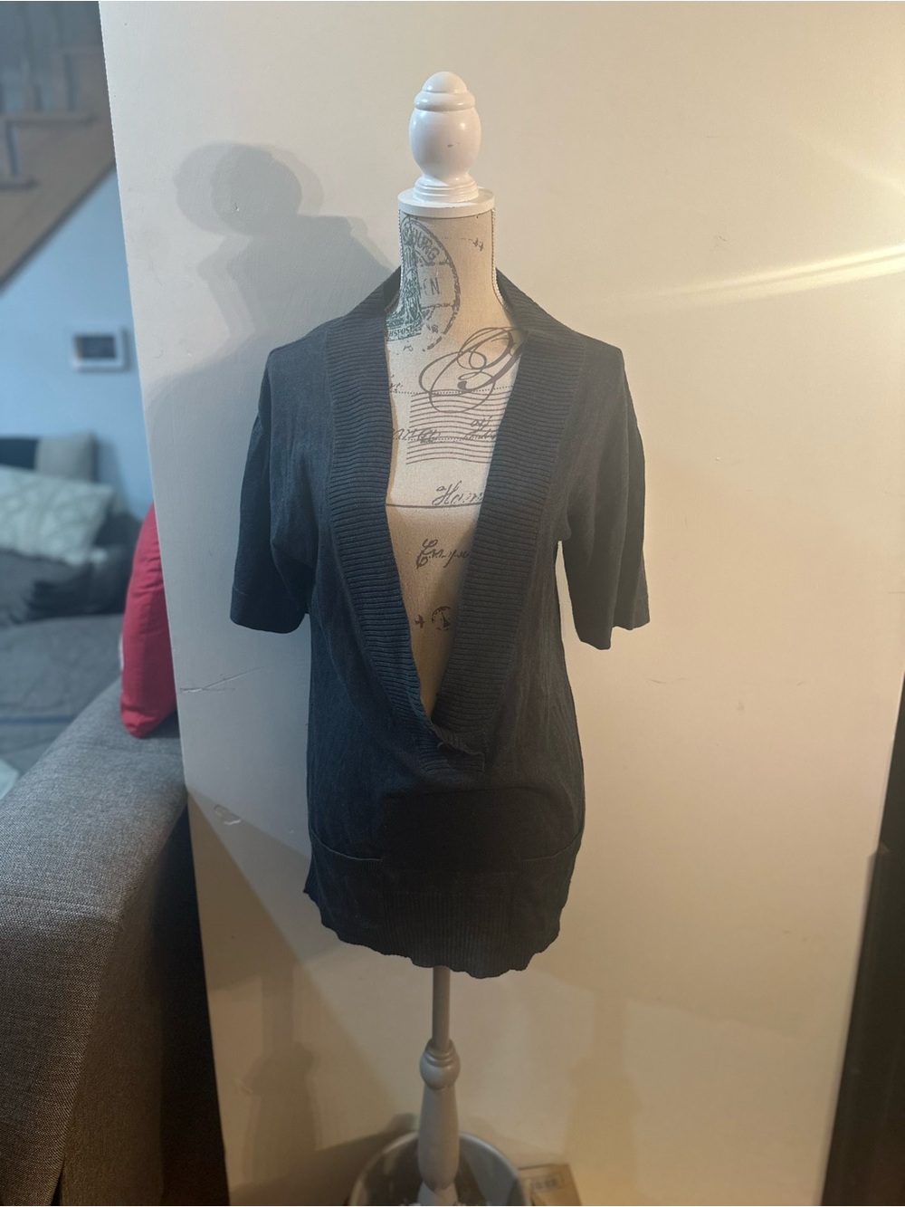 Women's Grey Short-Sleeve Open Cardigan Top